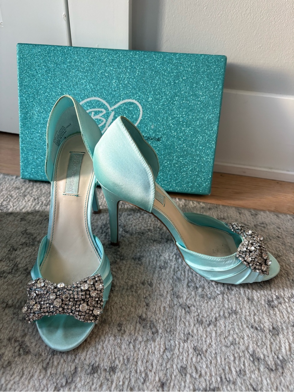 Blue by Betsey Johnson Satin Heels Teal with Gemstones | 8.5